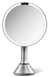 Lusterko kosmetyczne Simplehuman Dual Touch ze szczotkowanej stali nierdzewnej z oświetleniem LED Tru-lux i 5-krotnym powiększeniem.