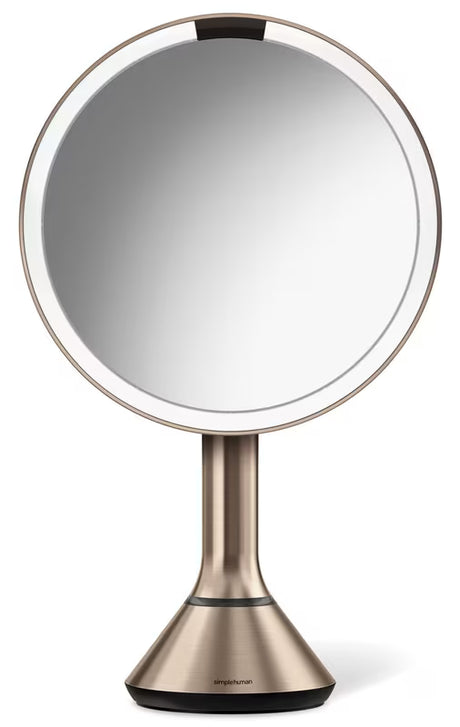 Lusterko kosmetyczne Simplehuman Dual Touch w kolorze rose gold z oświetleniem LED Tru-lux i dotykową regulacją jasności.