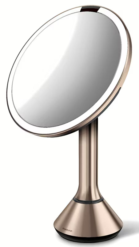Lusterko kosmetyczne Simplehuman Dual Touch w kolorze rose gold z oświetleniem LED Tru-lux i dotykową regulacją jasności.