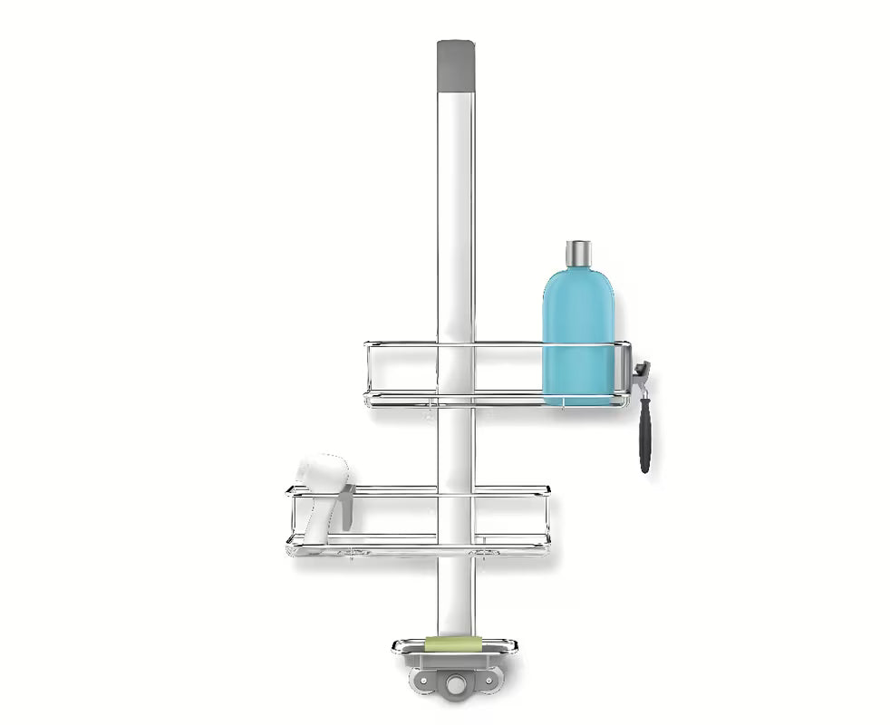 Prysznicowa półka Simplehuman Shower caddy ze stali nierdzewnej z przesuwnymi półkami i przyssawkami pro stabilnego mocowania.