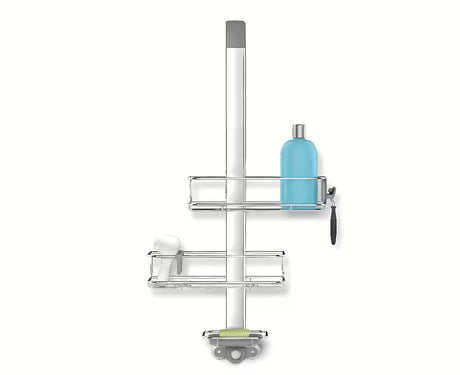 Prysznicowa półka Simplehuman Shower caddy ze stali nierdzewnej z przesuwnymi półkami i przyssawkami pro stabilnego mocowania.
