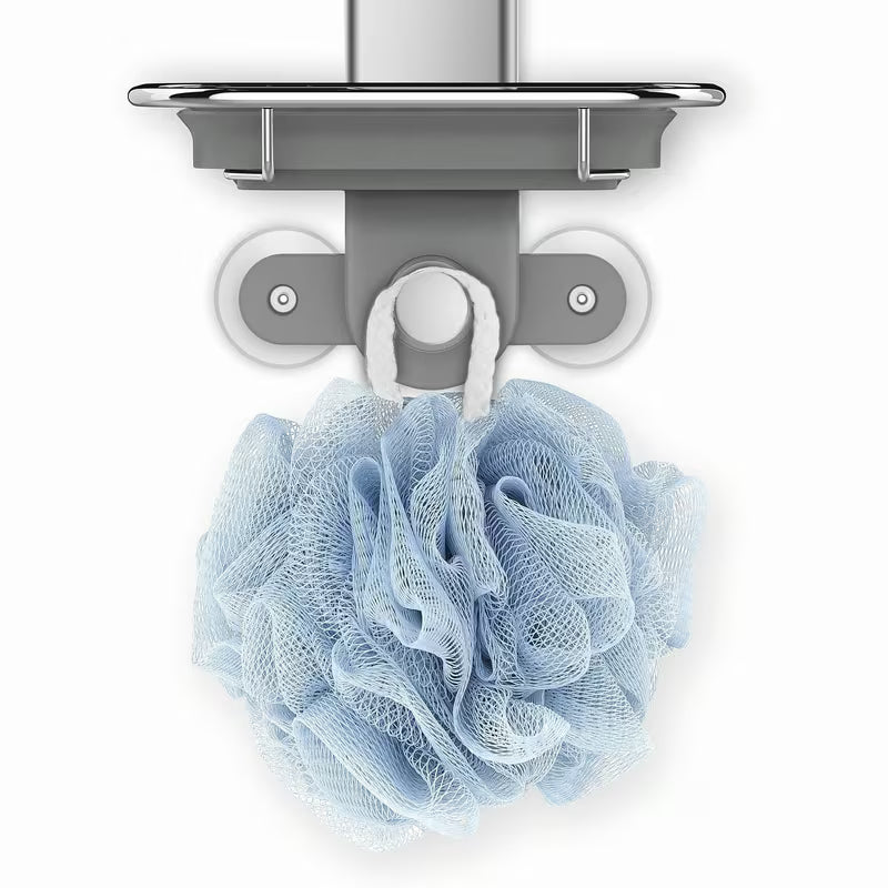 Prysznicowa półka Simplehuman Shower caddy ze stali nierdzewnej z przesuwnymi półkami i przyssawkami pro stabilnego mocowania.