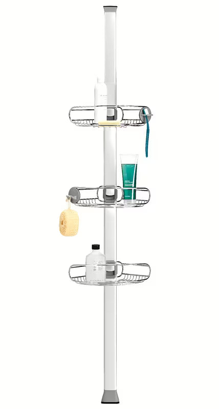 Regulowana drążek prysznicowy Simplehuman Shower caddy z drucianymi półkami narożny  ze stali nierdzewnej.