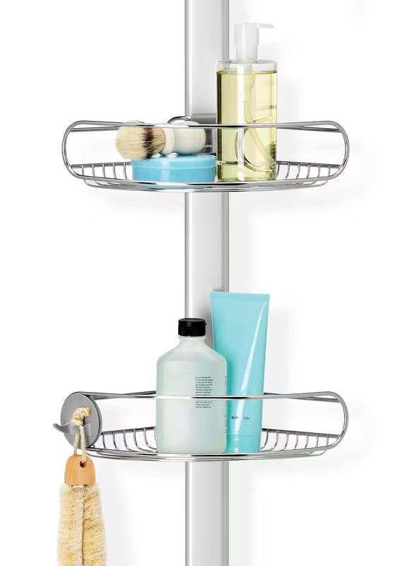 Regulowana drążek prysznicowy Simplehuman Shower caddy z drucianymi półkami narożny  ze stali nierdzewnej.