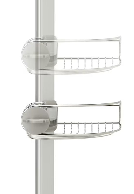 Regulowana drążek prysznicowy Simplehuman Shower caddy z drucianymi półkami narożny  ze stali nierdzewnej.