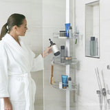 Regulowana drążek prysznicowy Simplehuman Shower caddy z drucianymi półkami narożny  ze stali nierdzewnej.