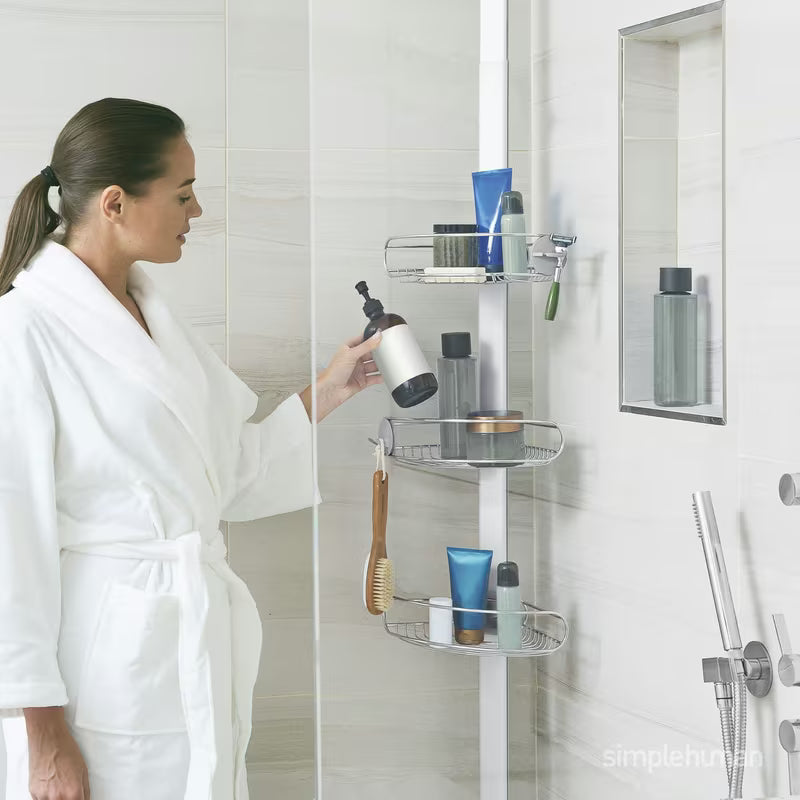Regulowana drążek prysznicowy Simplehuman Shower caddy z drucianymi półkami narożny  ze stali nierdzewnej.