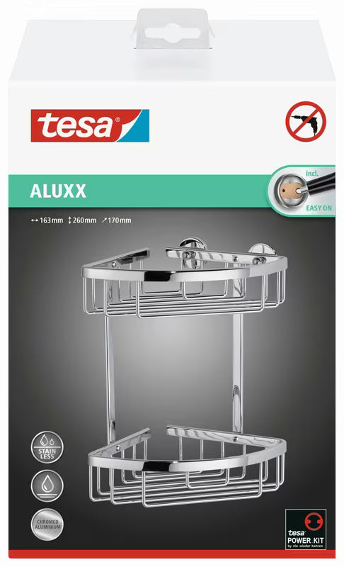 Chromowany narożny druciany koszyk łazienkowy Tesa Aluxx do prysznice z montażem bez wiercenia tesa Power.Kit.