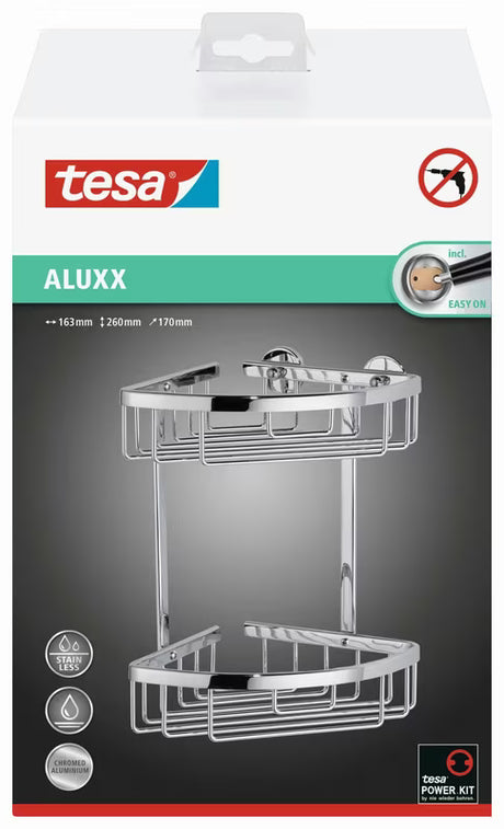 Chromowany narożny druciany koszyk łazienkowy Tesa Aluxx do prysznice z montażem bez wiercenia tesa Power.Kit.