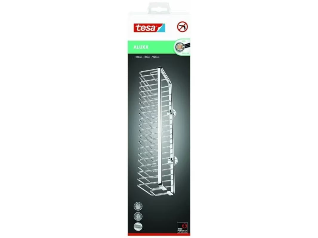 Chromowany szeroki koszyk łazienkowy do prysznice Tesa Aluxx z montażem bez wiercenia w technologii tesa® Power.Kit.