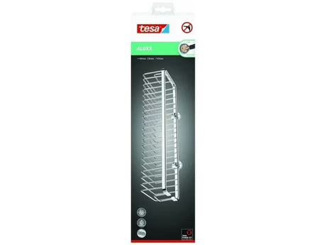 Chromowany szeroki koszyk łazienkowy do prysznice Tesa Aluxx z montażem bez wiercenia w technologii tesa® Power.Kit.