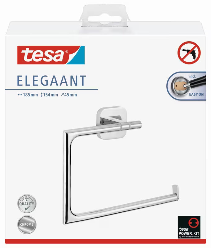 Chromowany, samoprzylepny uchwyt na ręczniki Tesa Elegaant pro, montaż bez wiercenia w łazience.