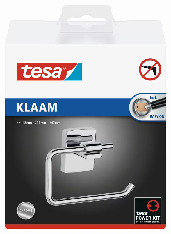 Chromowany uchwyt na papier toaletowy Tesa Klaam z samoprzylepnym montażem Power.Kit bez wiercenia