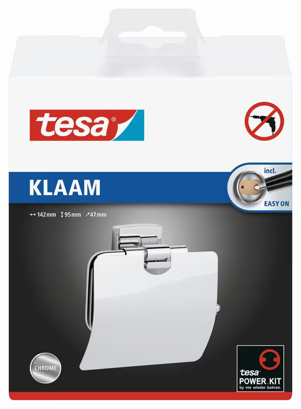 Chromowany kwadratowy uchwyt na papier toaletowy Tesa Klaam z montażem bez wiercenia za pomocą tesa Power.Kit.
