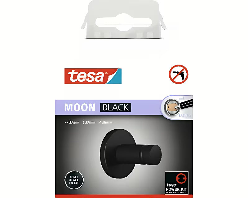 Matowoczarny haczyk na ręczniki Tesa Moon Black z montażem klejonym Tesa Power.Kit bez wiercenia