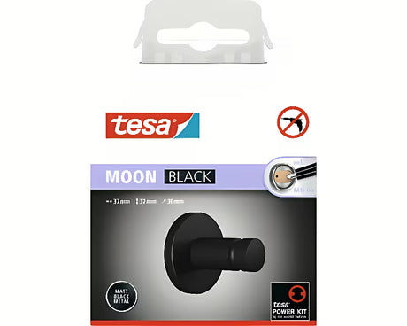 Matowoczarny haczyk na ręczniki Tesa Moon Black z montażem klejonym Tesa Power.Kit bez wiercenia