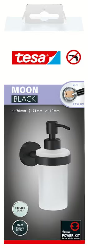 Tesa Moon Black dozownik do mydła ze szkła satynowego z matowoczarnym uchwytem pro, montaż bez wiercenia
