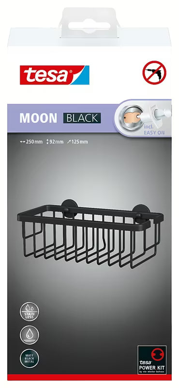 Matowoczarny koszyk prysznicowy koszyk łazienkowy Tesa Moon Black z montażem bez wiercenia przy użyciu technologii klejenia tesa Power.Kit.