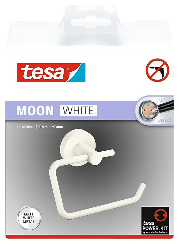 Matowobiały uchwyt na papier toaletowy bez pokrywy Tesa Moon Black z montażem klejonym tesa® Power.Kit