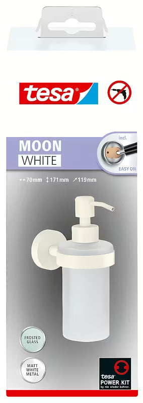 Biały dozownik do mydła Tesa Moon Black z satynowego szkła z uchwytem pro montaż bez wiercenia