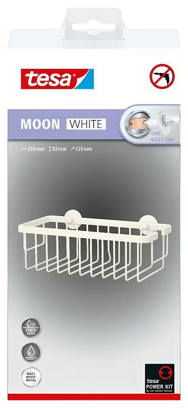 Matowobiały koszyk łazienkowy prysznicowy Tesa Moon Black z montażem klejonym bez wiercenia.