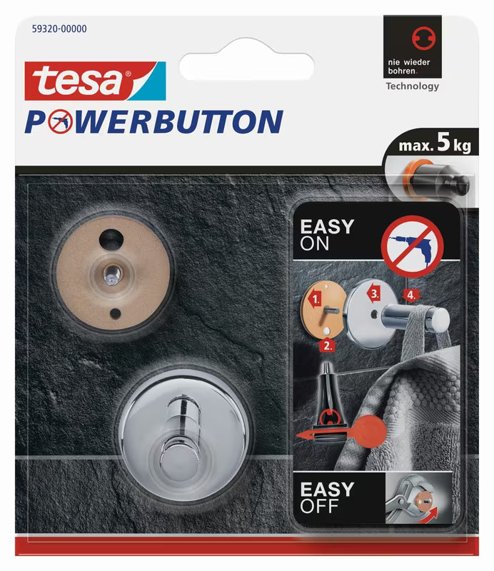 Chromowany haczyk Tesa powerbutton pro montaż bez wiercenia na płytkach i innych gładkich powierzchniach.
