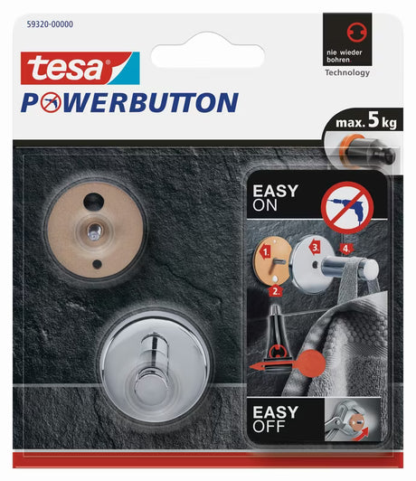 Chromowany haczyk Tesa powerbutton pro montaż bez wiercenia na płytkach i innych gładkich powierzchniach.