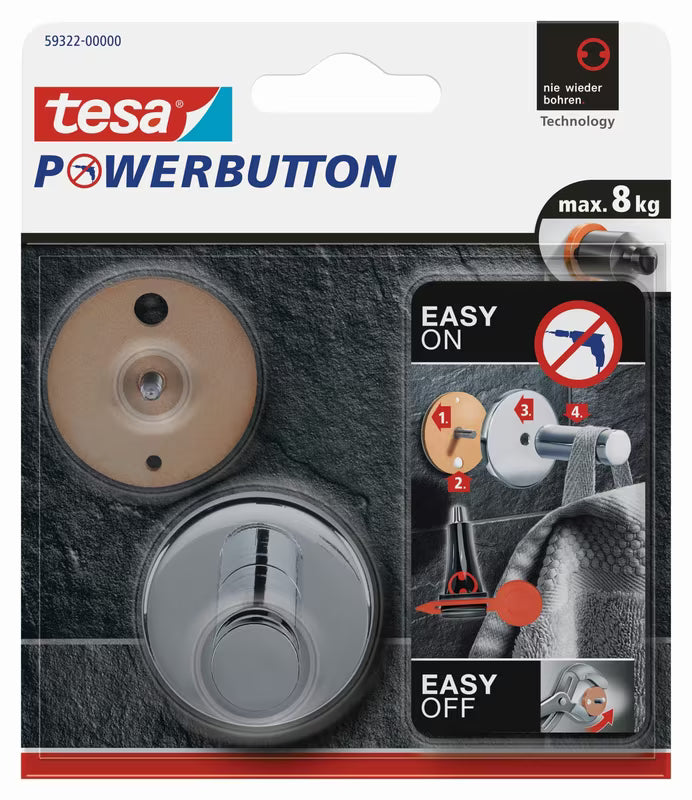 Chromowany haczyk Tesa powerbutton pro montaż bez wiercenia na gładkich powierzchniach, do łazienki i kuchni.