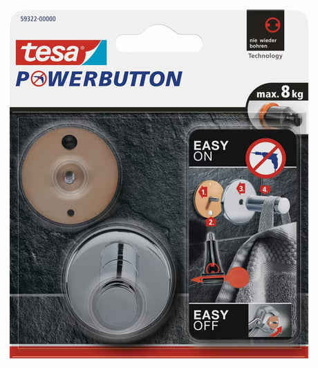 Chromowany haczyk Tesa powerbutton pro montaż bez wiercenia na gładkich powierzchniach, do łazienki i kuchni.