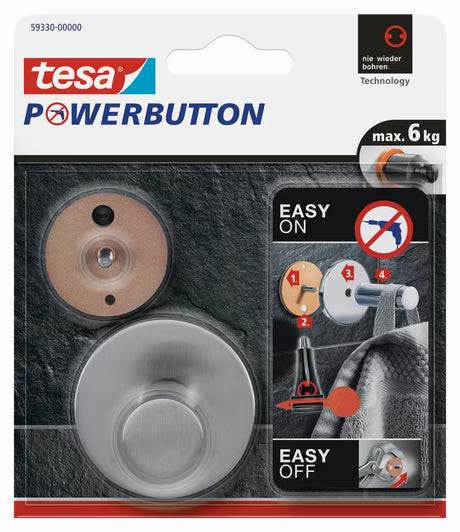 Tesa powerbutton Classic metalowy haczyk ze stali szczotkowanej pro, montaż bez wiercenia na płytkach.