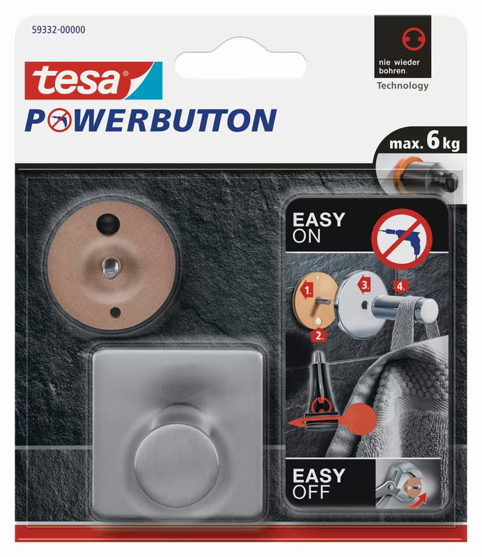 Haczyk Tesa powerbutton Classic ze szczotkowanej stali nierdzewnej pro z montażem bez wiercenia.