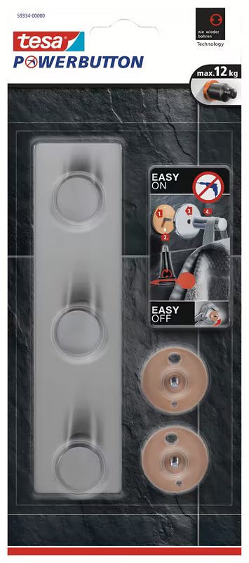 Wieszak Z 3 Haczykami tesa powerbutton ze szczotkowanej stali nierdzewnej pro montaż bez wiercenia na ścianie