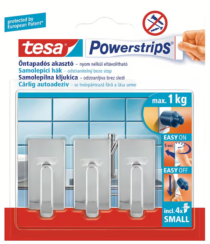 Chromowany haczyk Tesa Powerstrips pro montaż bez wiercenia na gładkich, stabilnych powierzchniach.