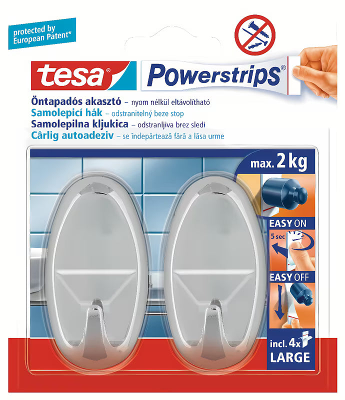 Duże samoprzylepne haczyki Tesa Powerstrips w chromowanym wykończeniu pro, montaż bez wiercenia