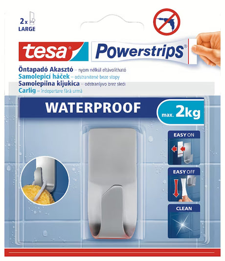 Wodoodporny nierdzewny haczyk Tesa Powerstrips pro do wieszania ręczników i akcesoriów bez wiercenia.