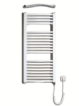 Biały elektryczny rurowy grzejnik łazienkowy Thermal Trend KDOE 450x960 mm z grzałką i kablem do gniazdka.