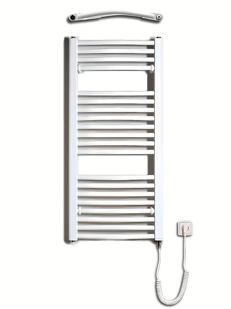 Biały elektryczny rurowy grzejnik łazienkowy Thermal Trend KDOE 450x960 mm z grzałką i kablem do gniazdka.