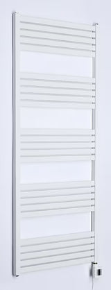 Biały elektryczny grzejnik łazienkowy Thermal Trend KH Economy 60x150 cm z termostatem KTX i niebieskim wyświetlaczem LED.