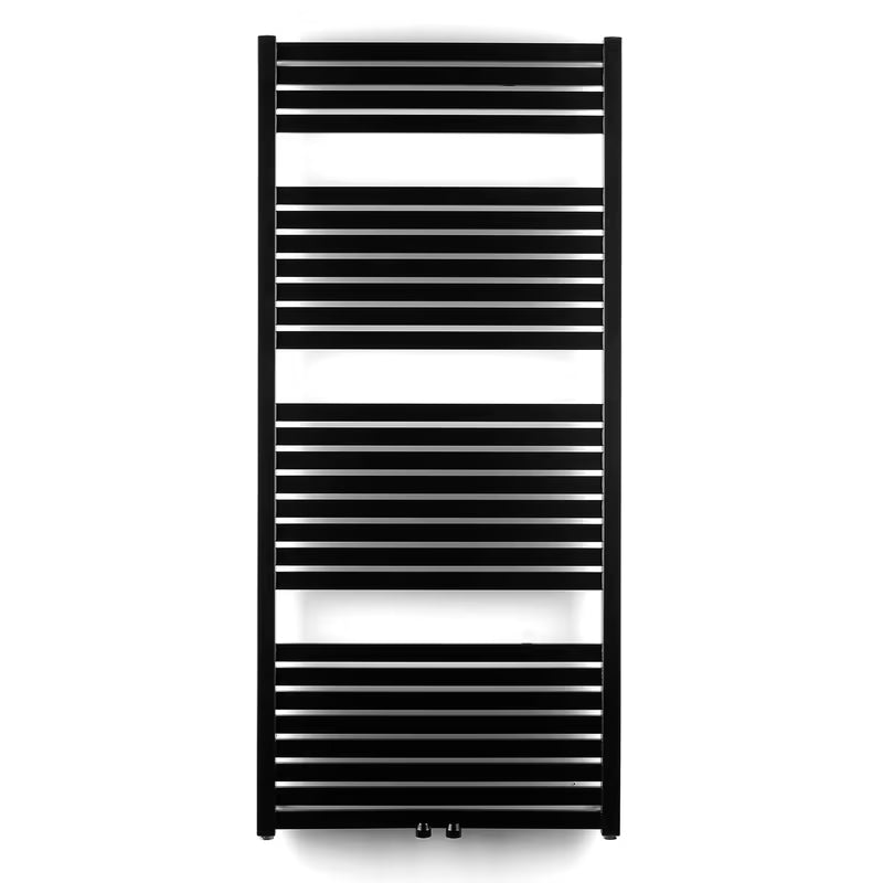 Kombinowany grzejnik łazienkowy Thermal Trend Kh 60x133 cm w wykończeniu czarny mat z wygiętymi szczebelkami.