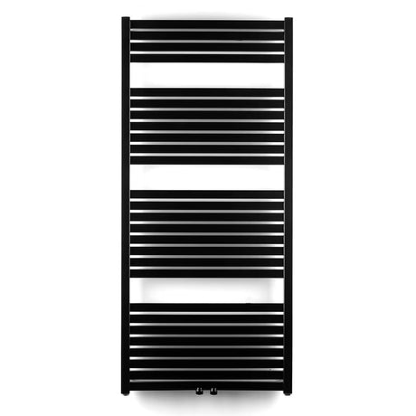 Kombinowany grzejnik łazienkowy Thermal Trend Kh 60x133 cm w wykończeniu czarny mat z wygiętymi szczebelkami.