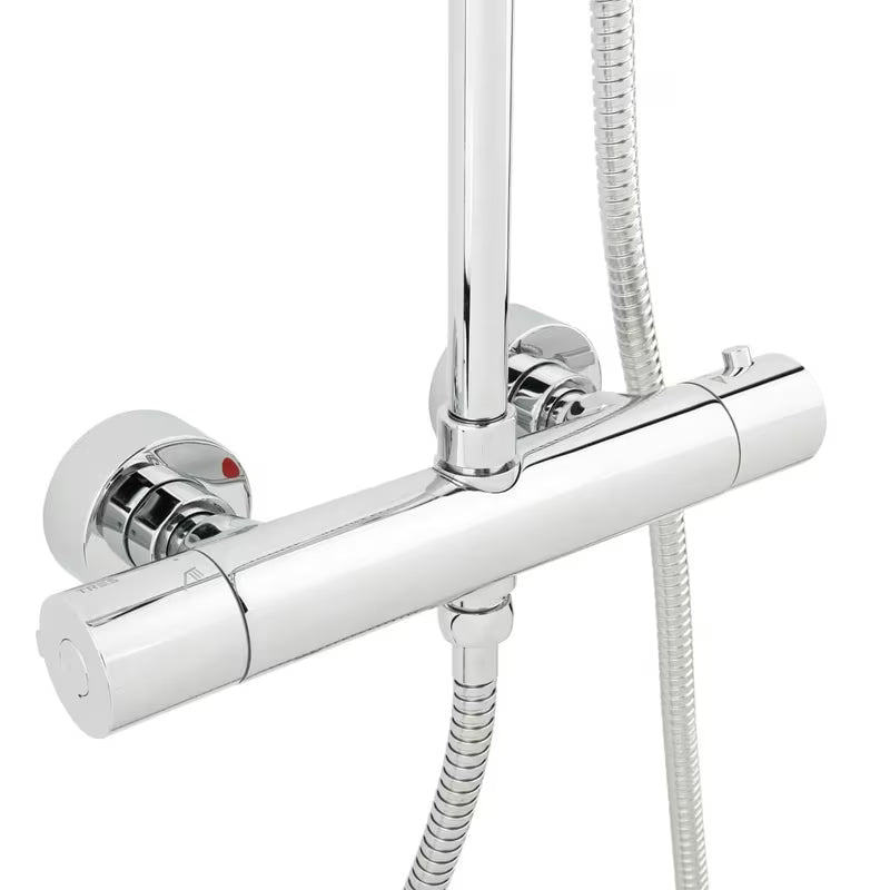 System prysznicowy Tres Base Plus z baterią termostatyczną w wykończeniu chrome z deszczownicą i słuchawką prysznicową.