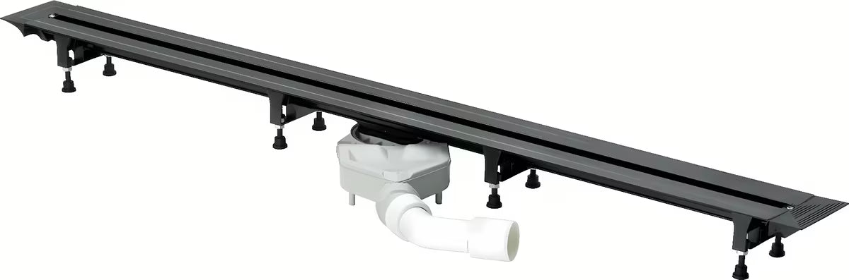 Czarny odpływ liniowy Viega Advantix Vario z regulowaną długością i podłączeniem odpływu DN 40/50.
