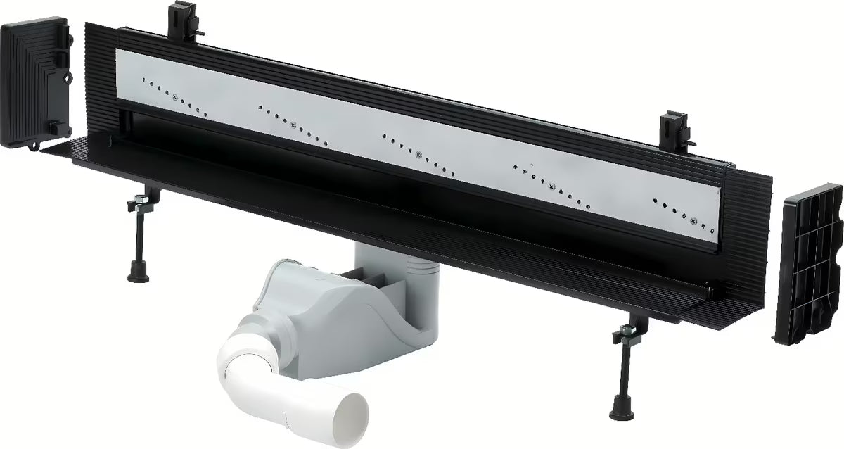 Czarny odpływ liniowy Viega Advantix Vario z wąską szczeliną odpływową i regulowaną długością 30–120 cm.