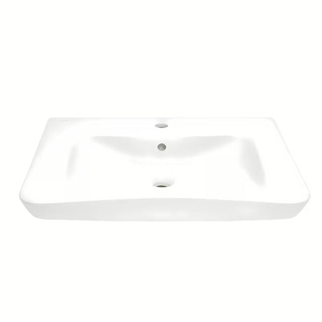 Białe wiszące bezprogowe umywalka Vitra 65x56 cm z ceramiki z przelewem i otworem pro baterię pośrodku.