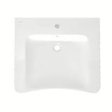 Białe wiszące bezprogowe umywalka Vitra 65x56 cm z ceramiki z przelewem i otworem pro baterię pośrodku.