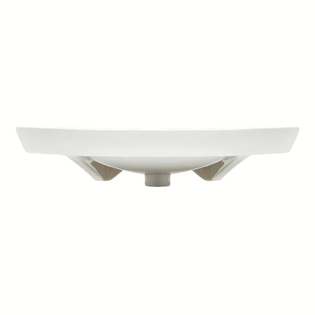 Białe wiszące bezprogowe umywalka Vitra 65x56 cm z ceramiki z przelewem i otworem pro baterię pośrodku.