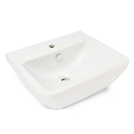 Umywalka wisząca Vitra Integra 50x43 cm z otworem na baterię pośrodku w kolorze białym.