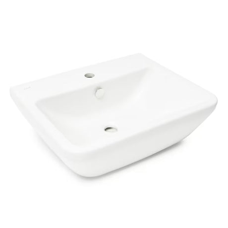 Biała ceramiczna umywalka wiszące vitra Integra 55x45 cm z otworem na baterię pośrodku i przelewem.