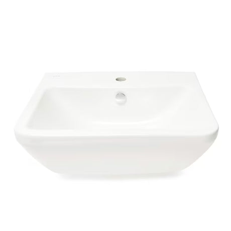 Biała ceramiczna umywalka wiszące vitra Integra 55x45 cm z otworem na baterię pośrodku i przelewem.