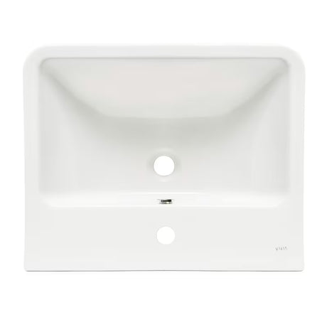 Biała ceramiczna umywalka wiszące vitra Integra 55x45 cm z otworem na baterię pośrodku i przelewem.